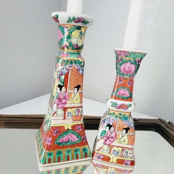 Vintage Yin Lin Art & Treasure of China set  2 candle holders.Asian/Multicolored - Picture 7 of 9